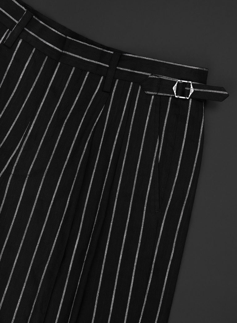 Black Linen Pinstripe High Waisted Side Buckle Trousers
