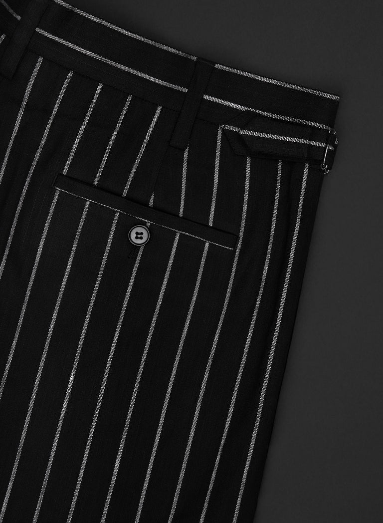 Black Linen Pinstripe High Waisted Side Buckle Trousers