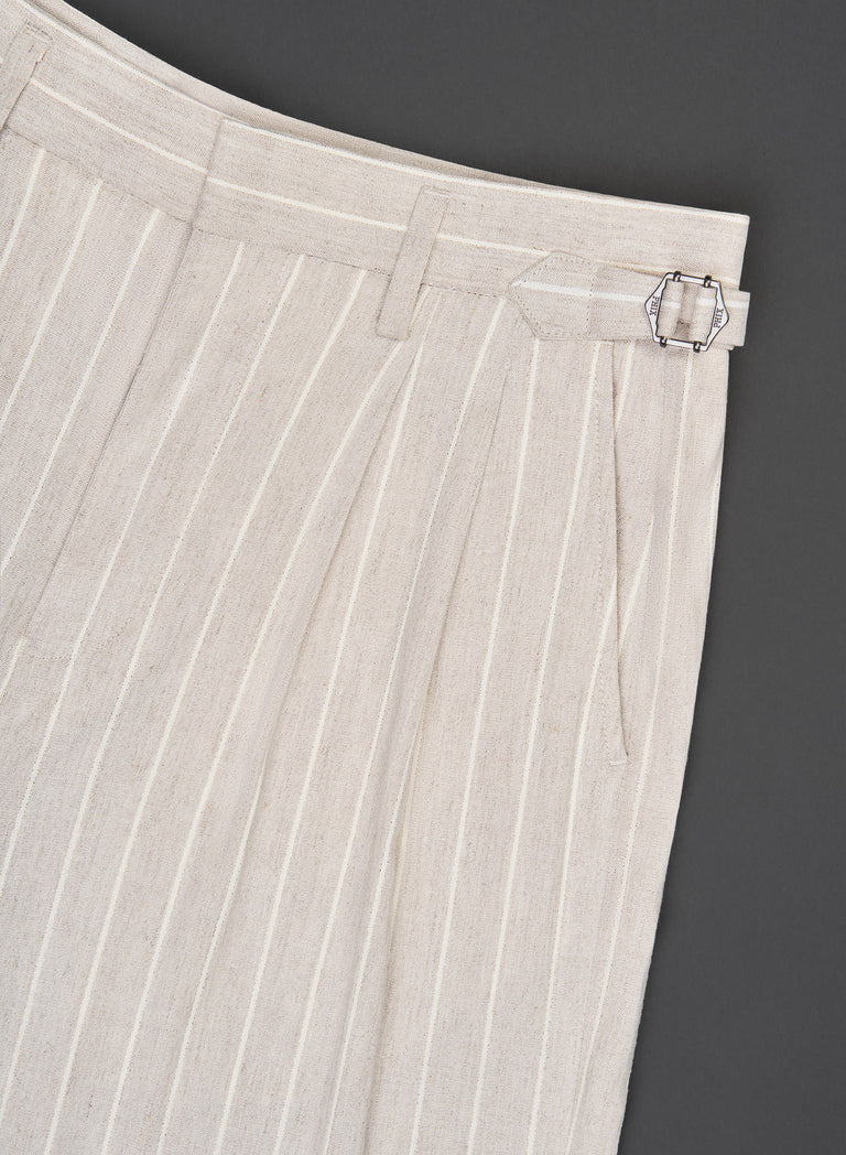 Ivory Linen Pin Stripe High Waisted Side Buckle Trousers