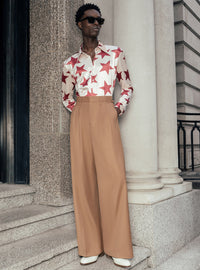 Beige Side Buckle Wide Leg Flare Wool Trousers