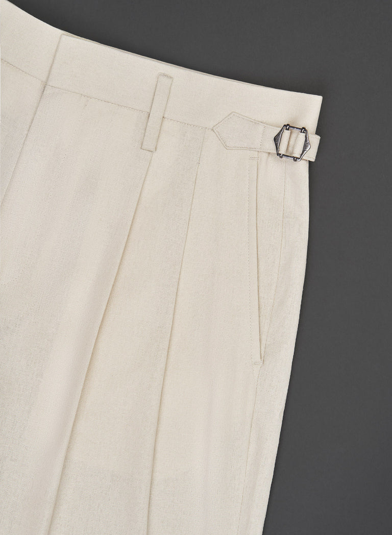 Ivory Linen High Waisted Side Buckle Flare Trousers