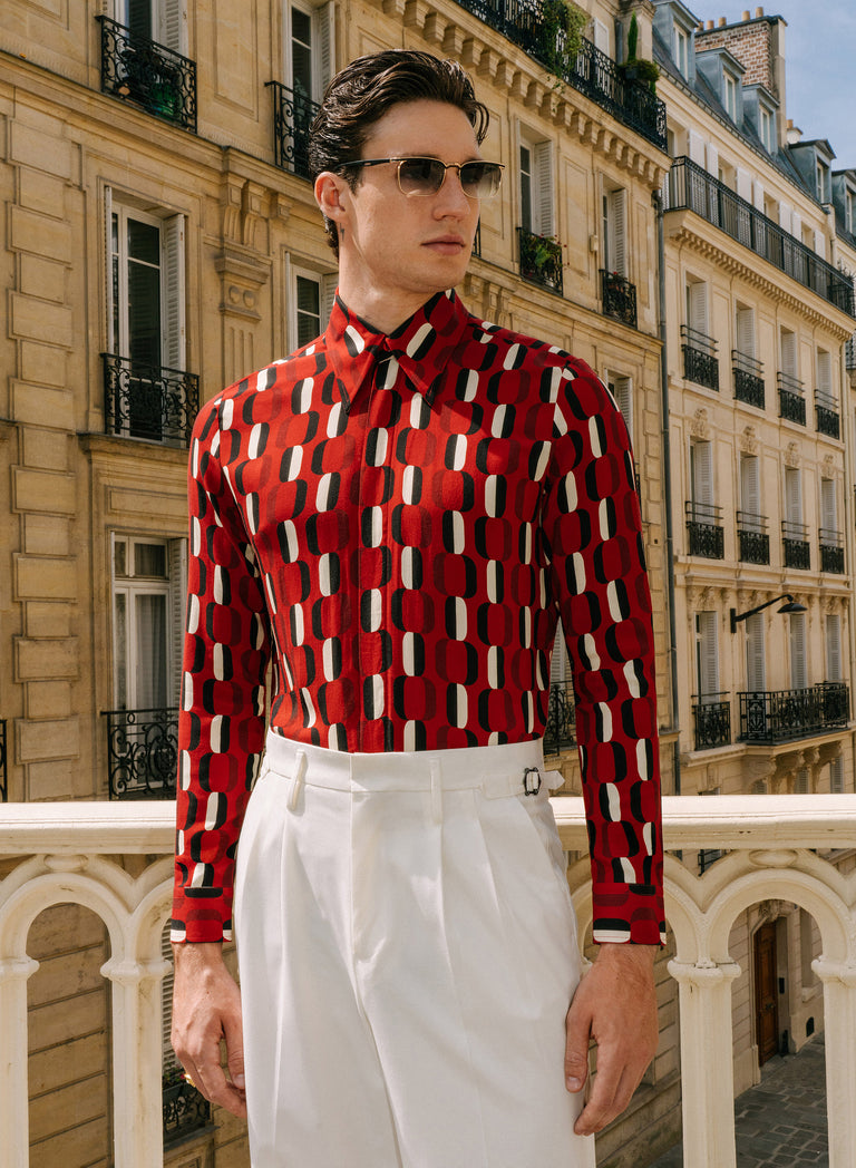 Morello Red Geometric Viscose Shirt