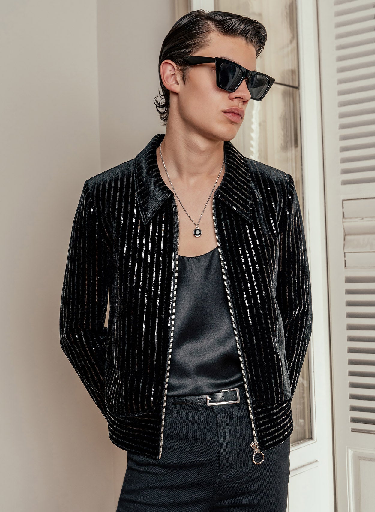 Black Velvet Sequin Pinstripe Jacket Phix