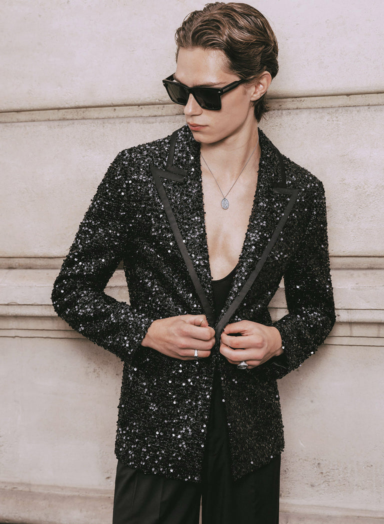 Black Sequin With Satin Trim Lapel Blazer