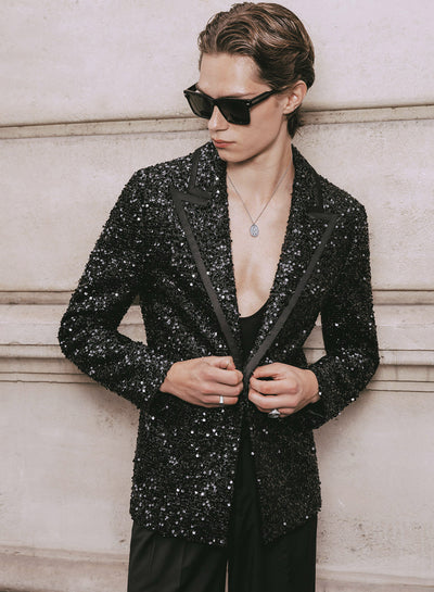 Black Sequin With Satin Trim Lapel Blazer