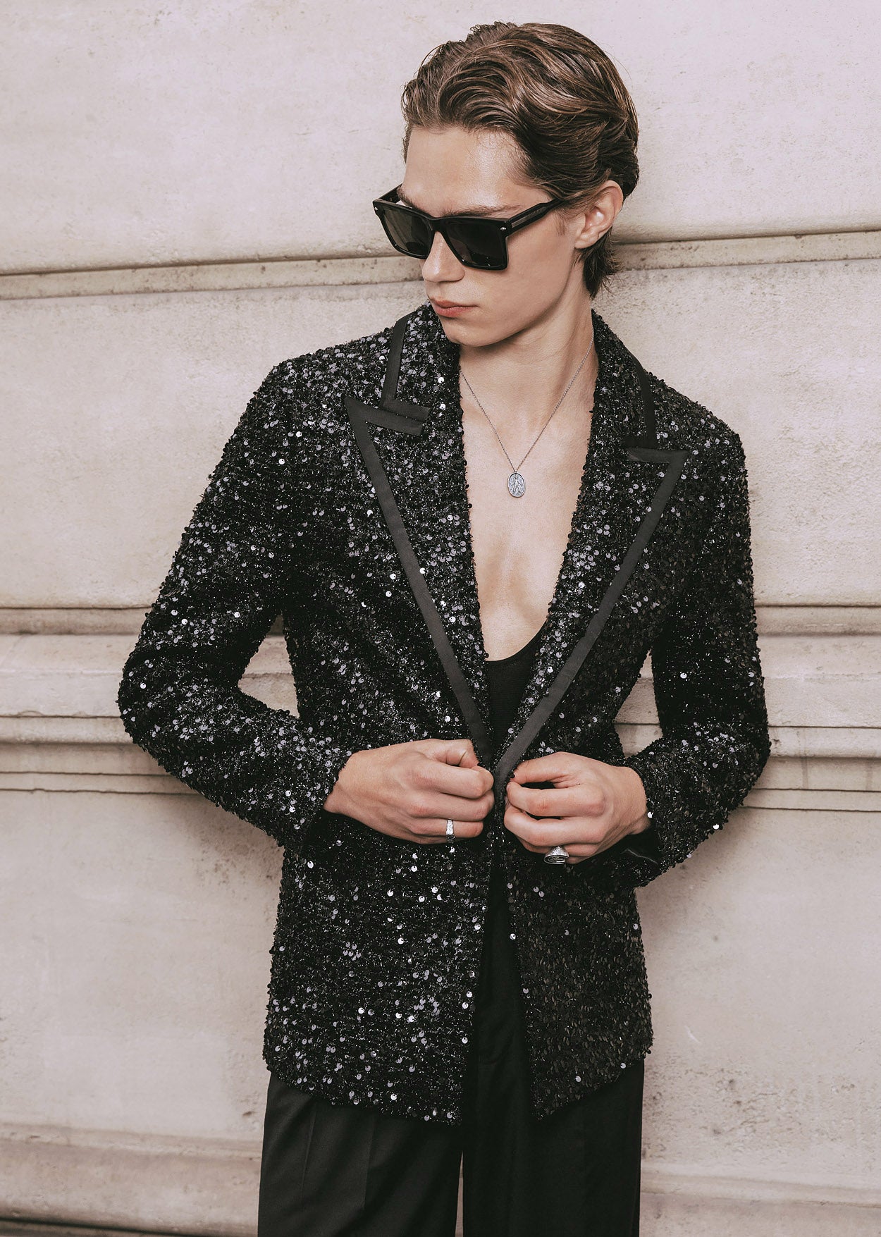 Black Sequin With Satin Trim Lapel Blazer ‐ Phix