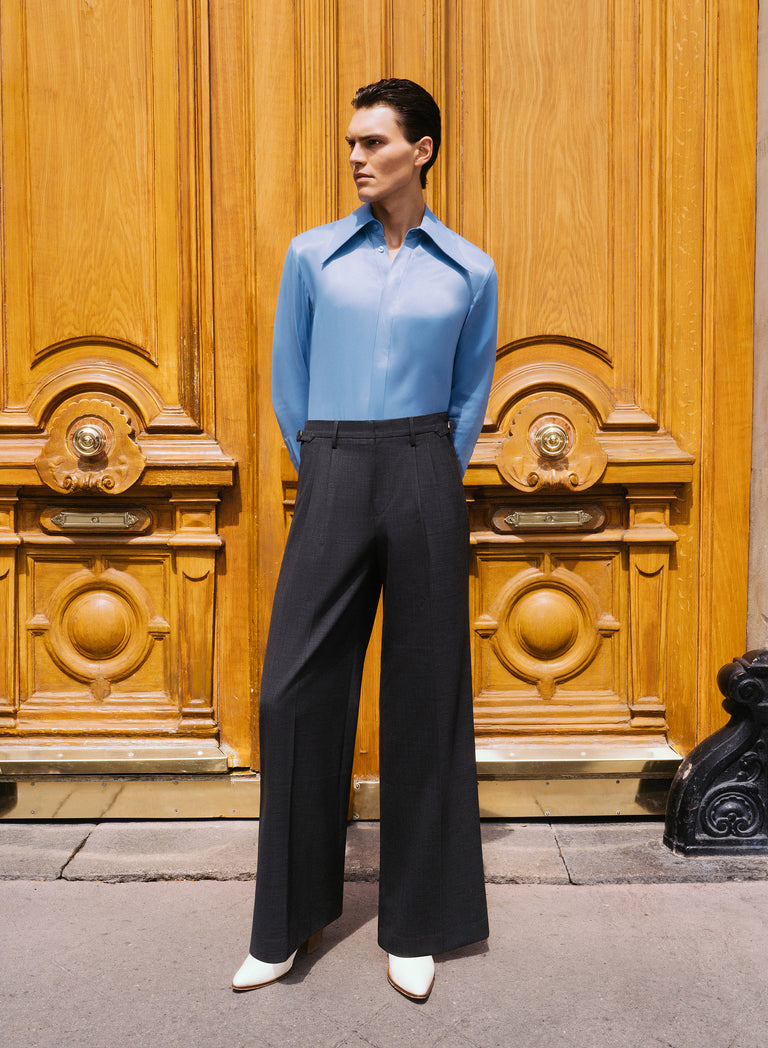 Pure Viscose Blue Dagger Collar Shirt
