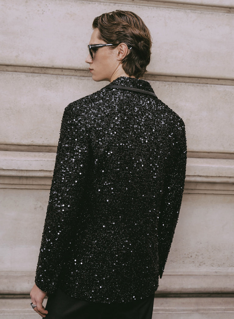 Black Sequin With Satin Trim Lapel Blazer