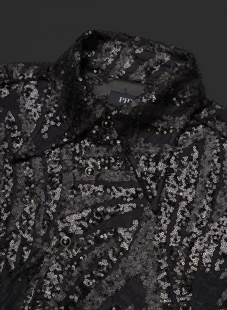 Black Sequin Zebra Sheer Shirt