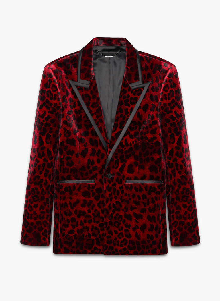 Red Velvet Leopard Print Blazer With Black Satin Lapel Trim