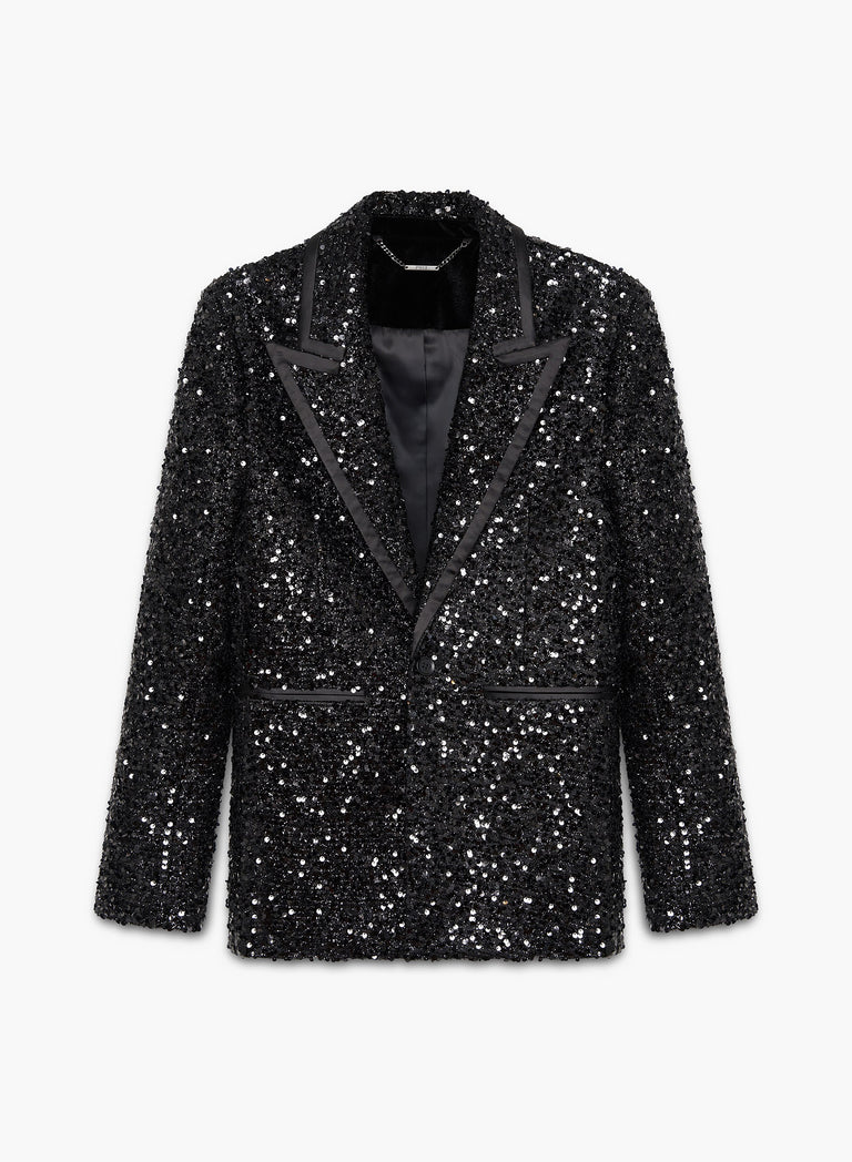 Black Sequin With Satin Trim Lapel Blazer