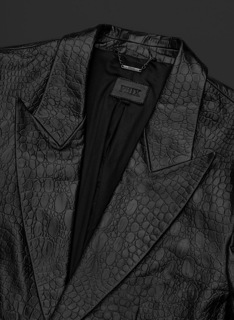 Black Exaggerated Peak Lapel Croc-Effect Leather Blazer