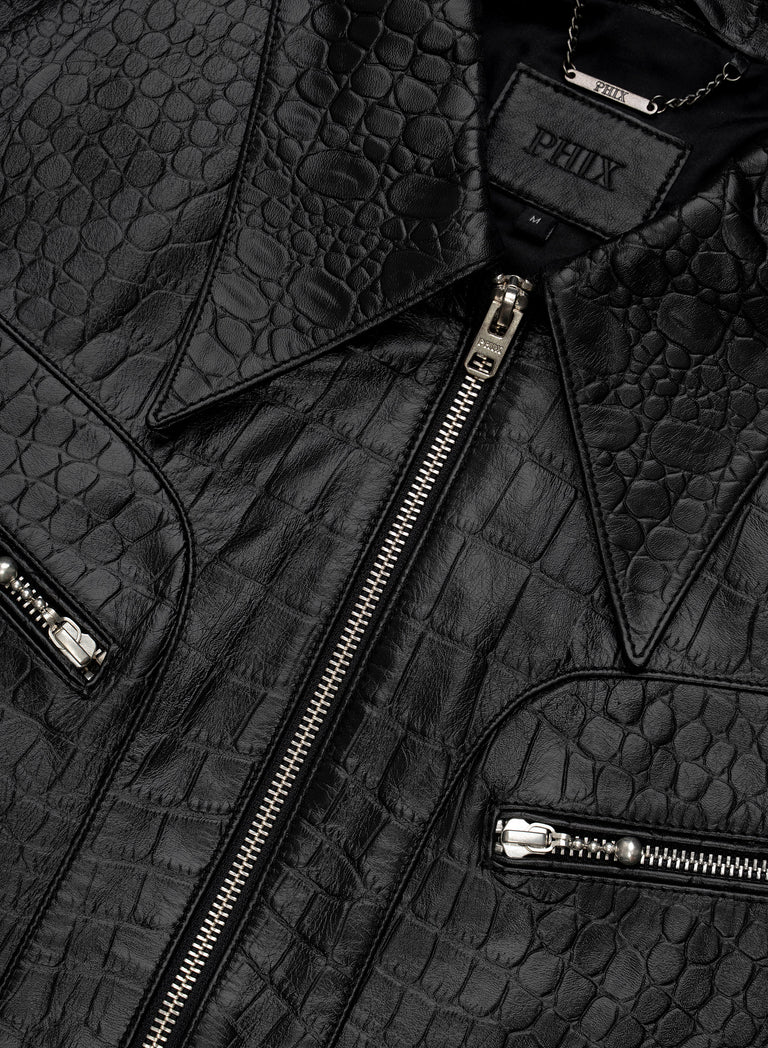Black Croc-Effect Leather Zip Jacket