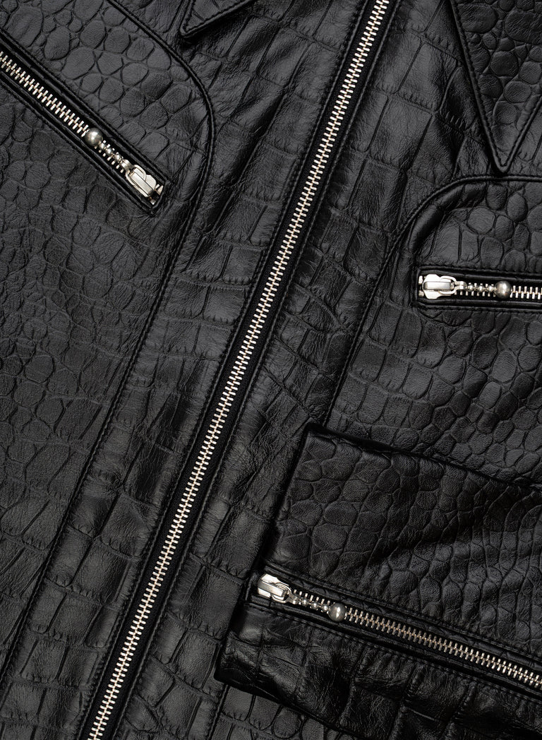 Black Croc-Effect Leather Zip Jacket