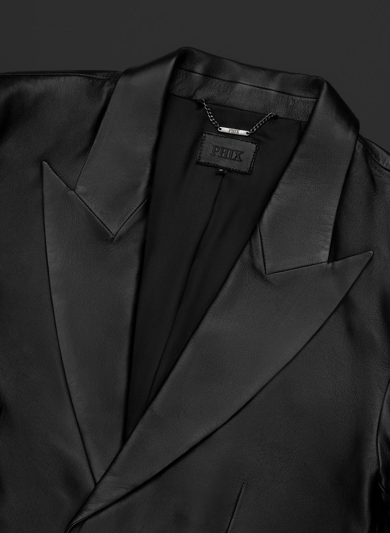 Black Exaggerated Peak Lapel Leather Blazer