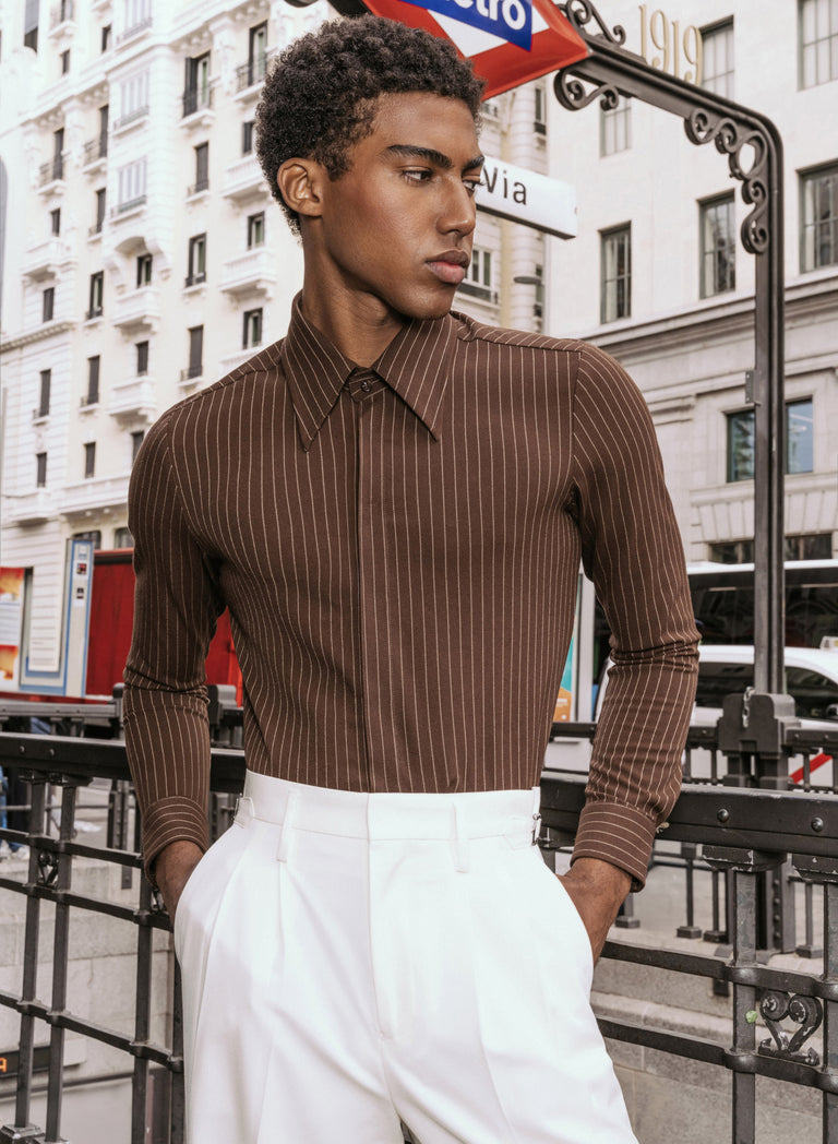 Dark Brown Pinstripe Point Collar Shirt
