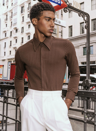 Dark Brown Pinstripe Point Collar Shirt