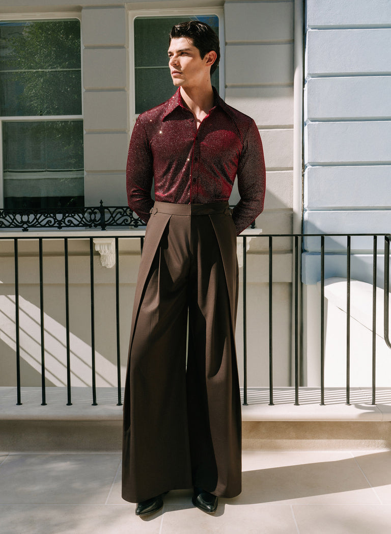 Brown Wool Pleated High Waisted Buckle Trousers