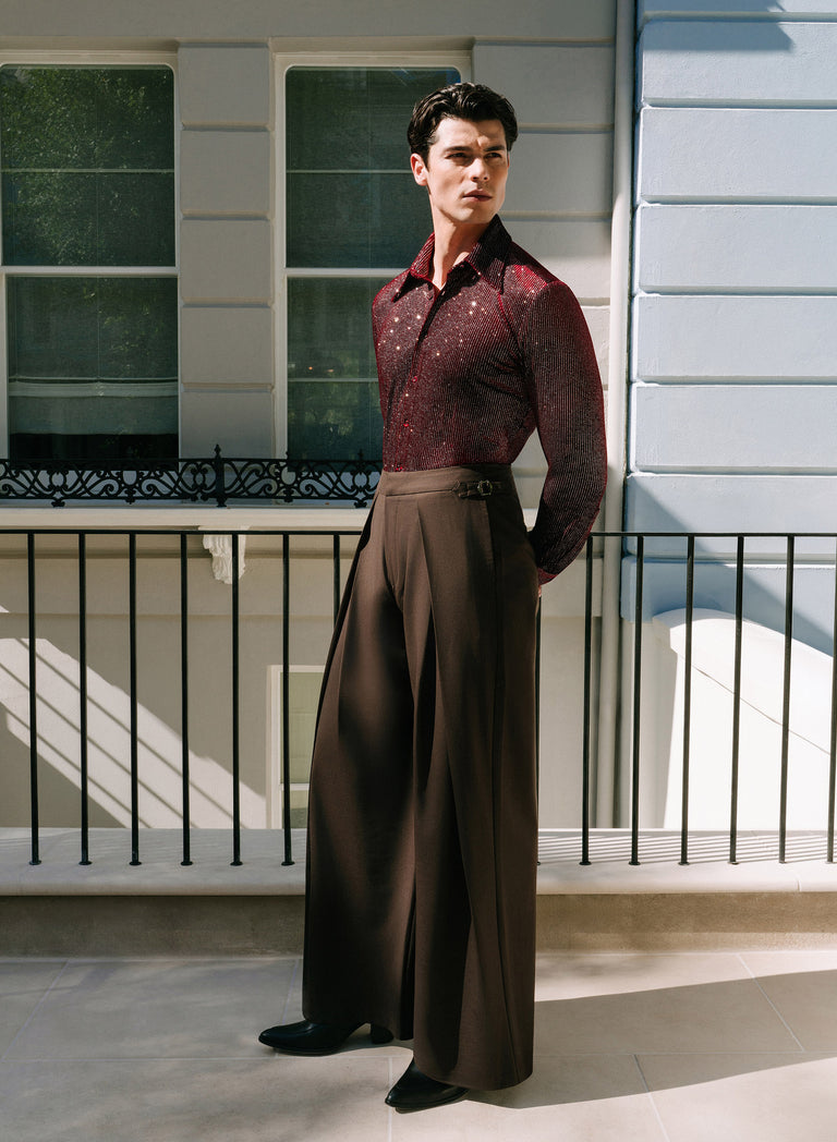 Brown Wool Pleated High Waisted Buckle Trousers