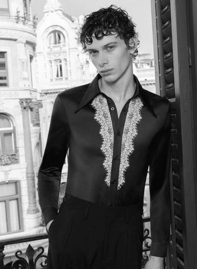 Black Satin White Lace Lapel Shirt