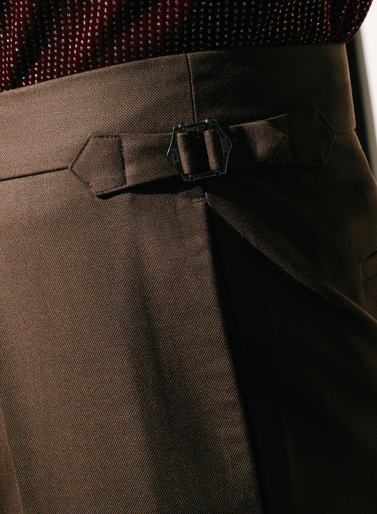 Brown Wool Pleated High Waisted Buckle Trousers