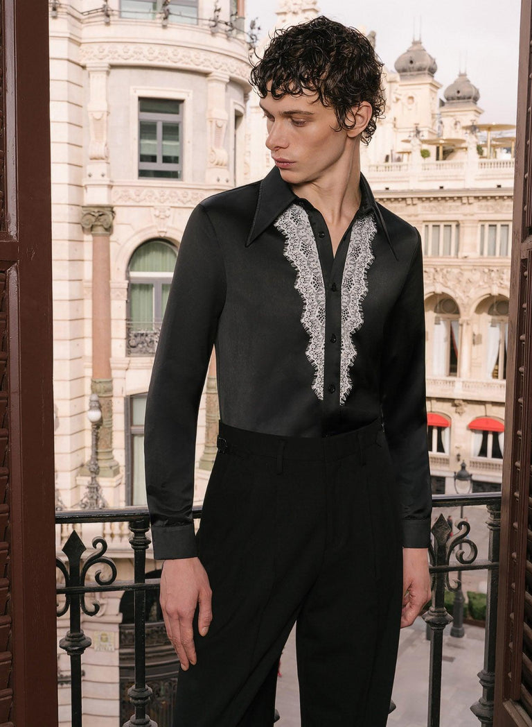 Black Satin White Lace Lapel Shirt