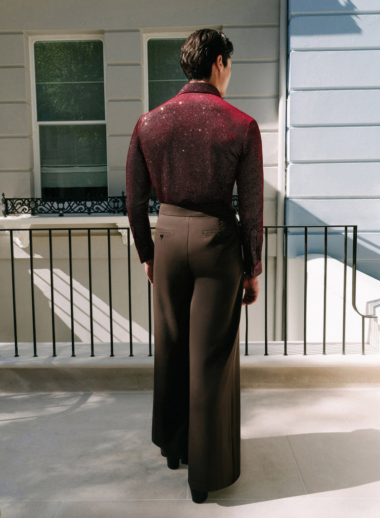 Brown Wool Pleated High Waisted Buckle Trousers