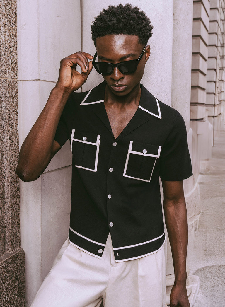 Black Knitted White Trim Cuban Cropped Polo