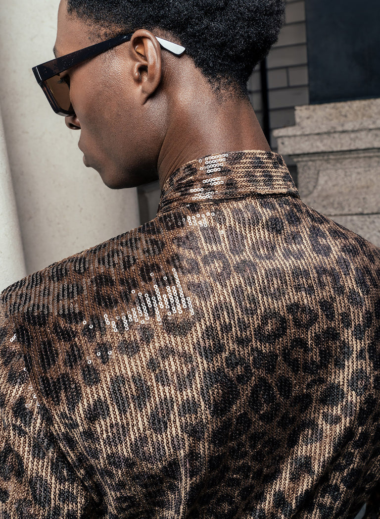 Brown Leopard Print Sequin Embellished Shirt