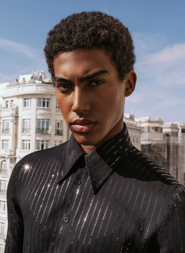 Black Viscose Sequin Pinstripe Shirt