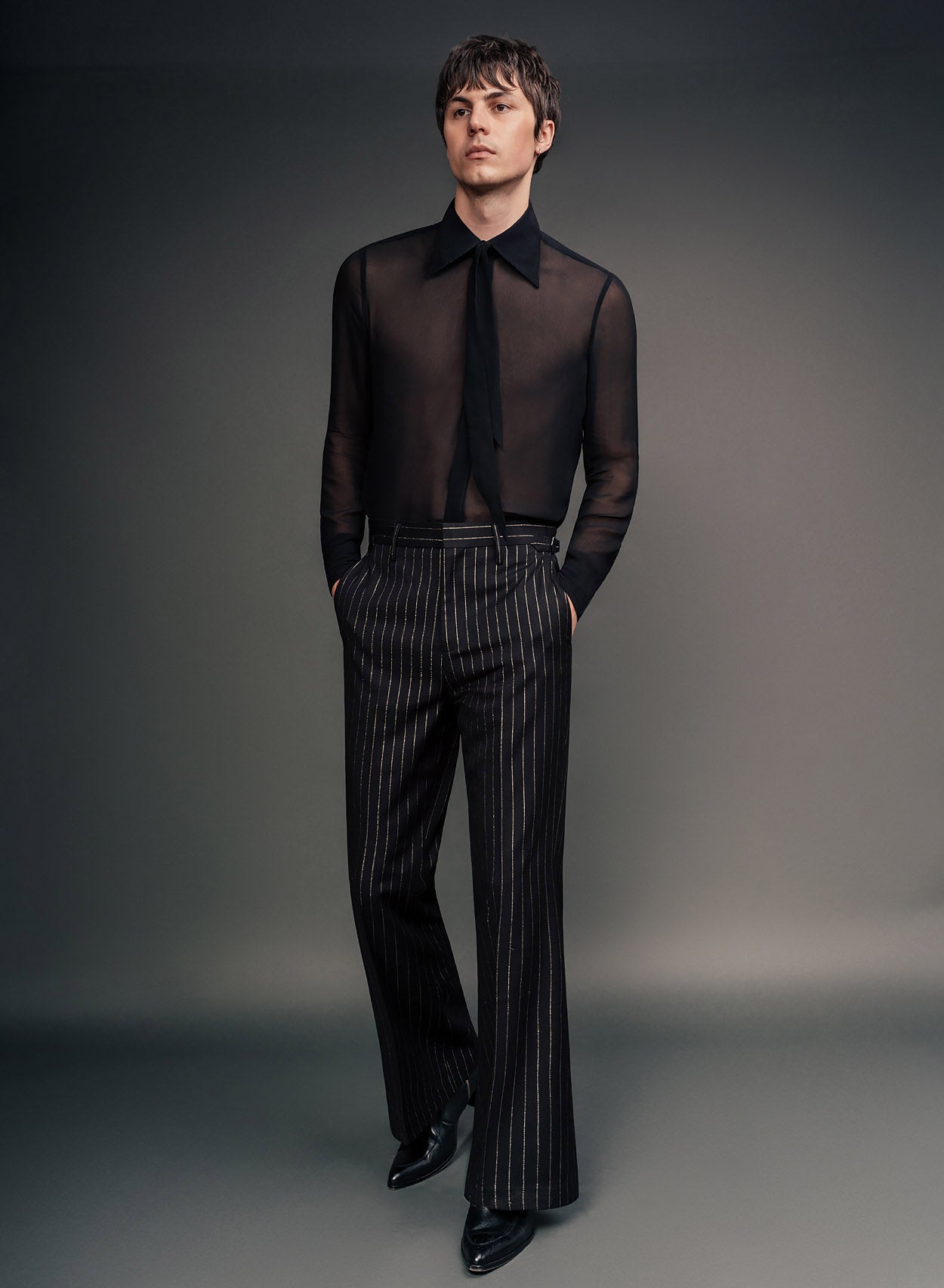 Black Silver Wool & Silk Pinstripe Buckle Flares Phix Black Silver Wool & Silk Pinstripe Buckle Flares Phix