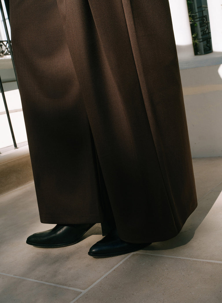 Brown Wool Pleated High Waisted Buckle Trousers
