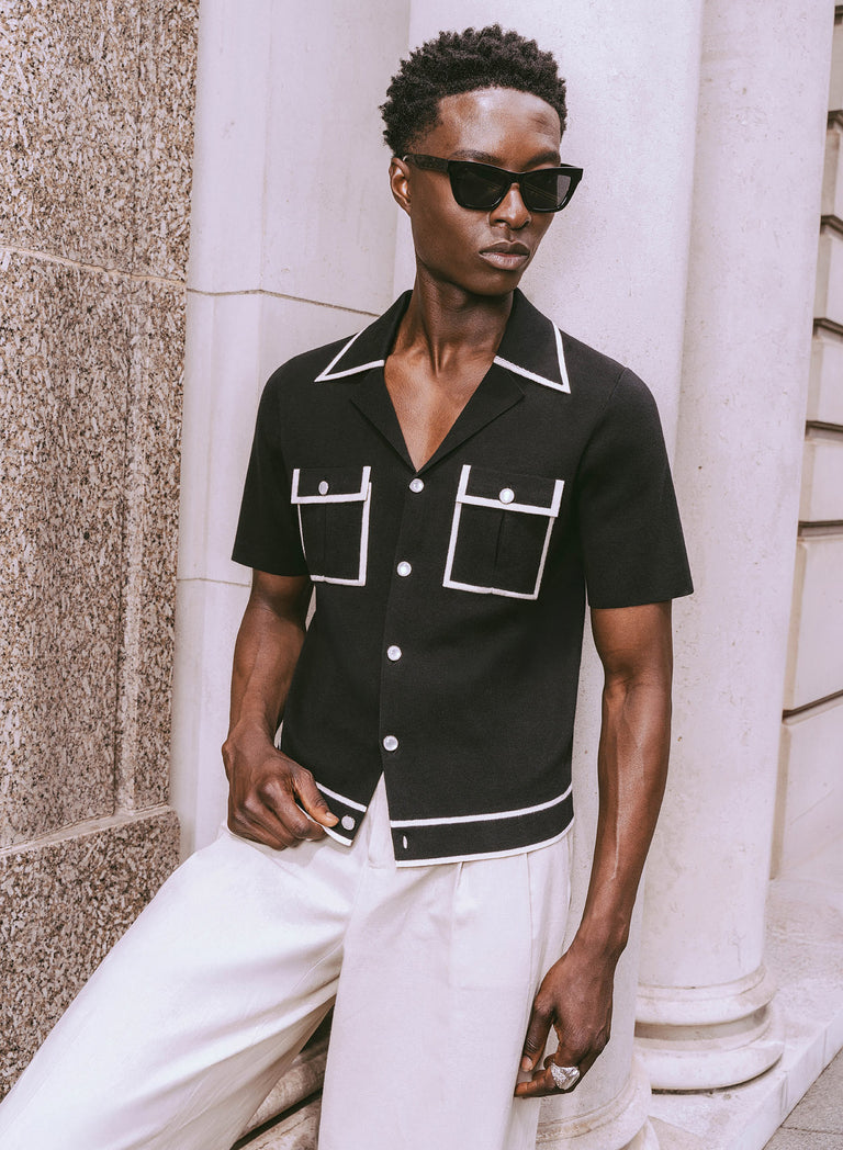 Black Knitted White Trim Cuban Cropped Polo