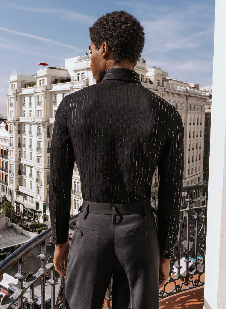Black Viscose Sequin Pinstripe Shirt