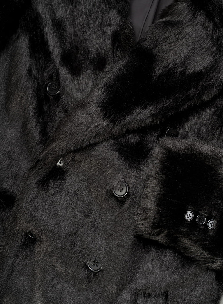 Black Double Breasted Faux Fur Long Coat
