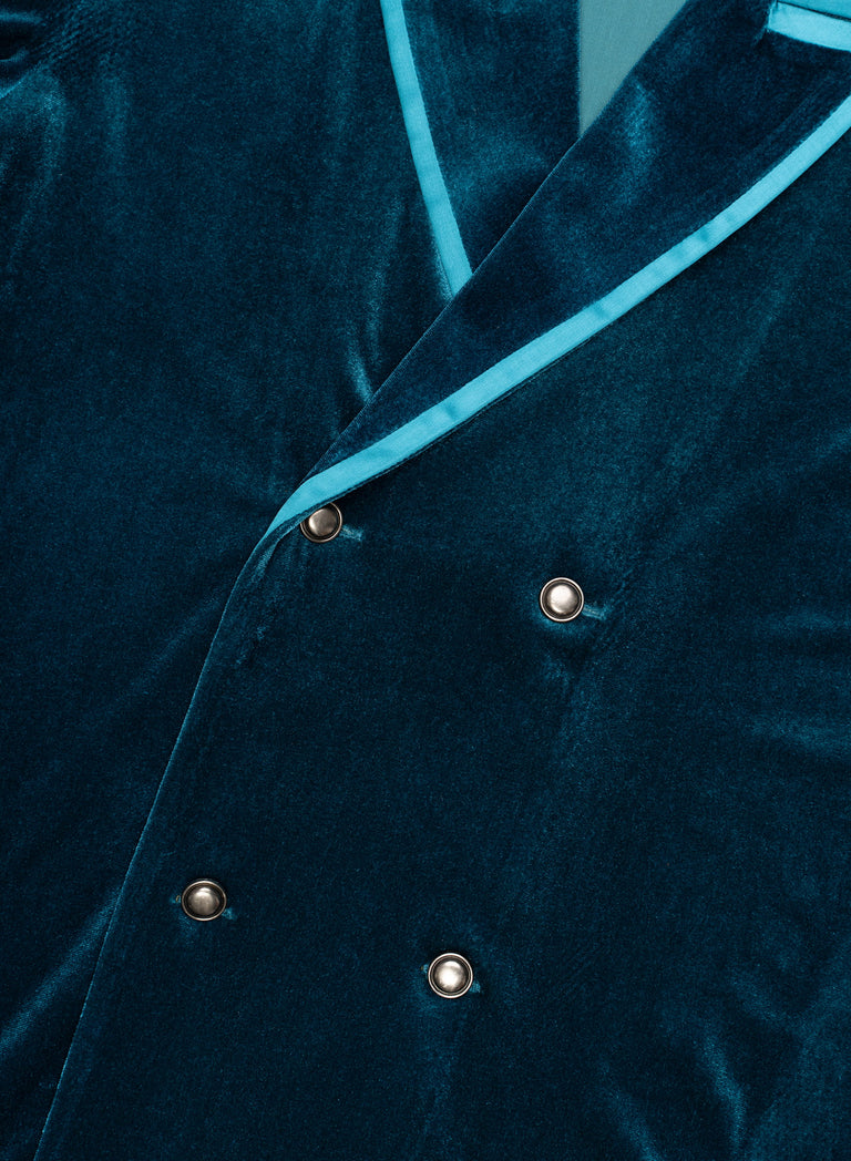 Blue Velvet Satin Lapel Double Breasted Shirt
