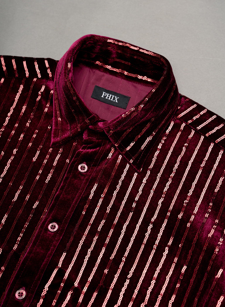 Burgundy Velvet Sequin Pinstripe Shirt