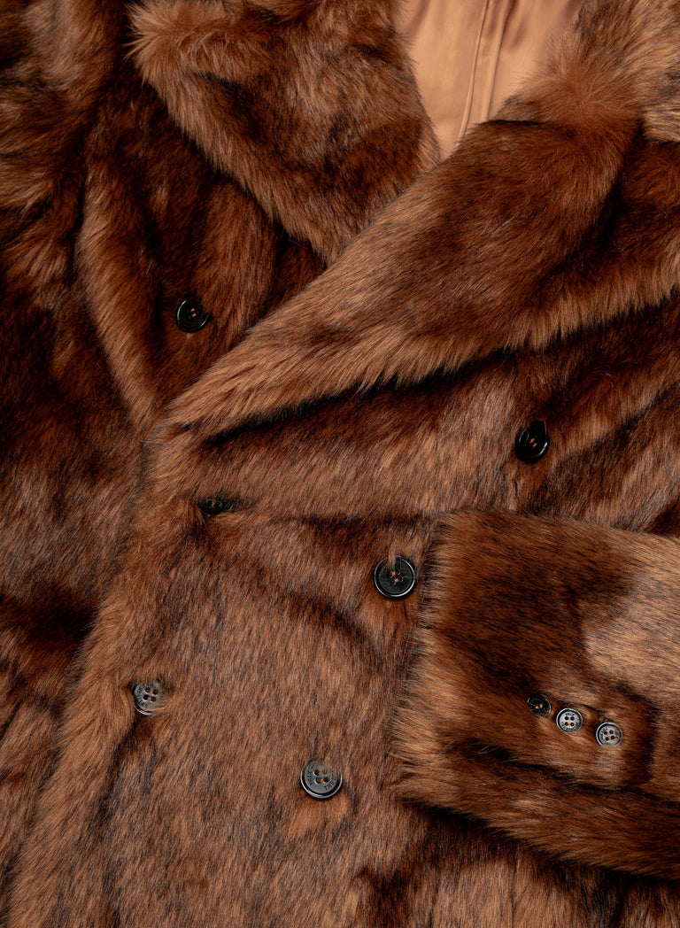 Brown Double Breasted Faux Fur Long Coat