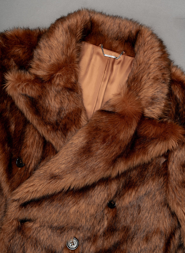 Brown Double Breasted Faux Fur Long Coat