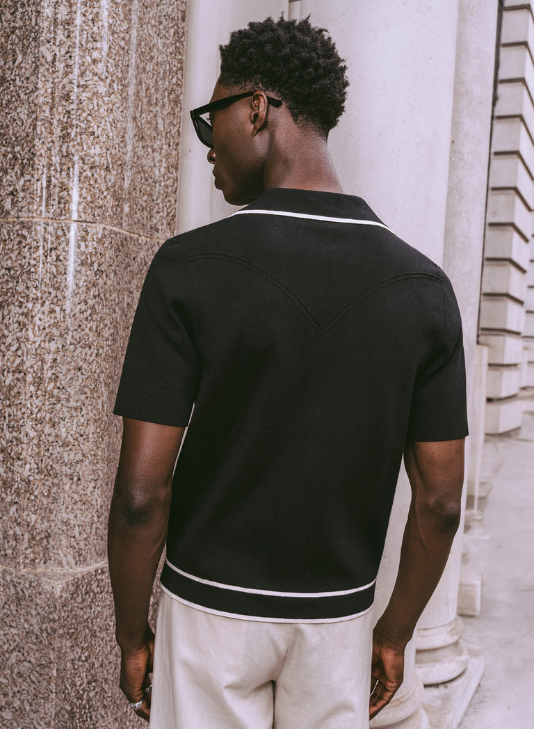 Black Knitted White Trim Cuban Cropped Polo