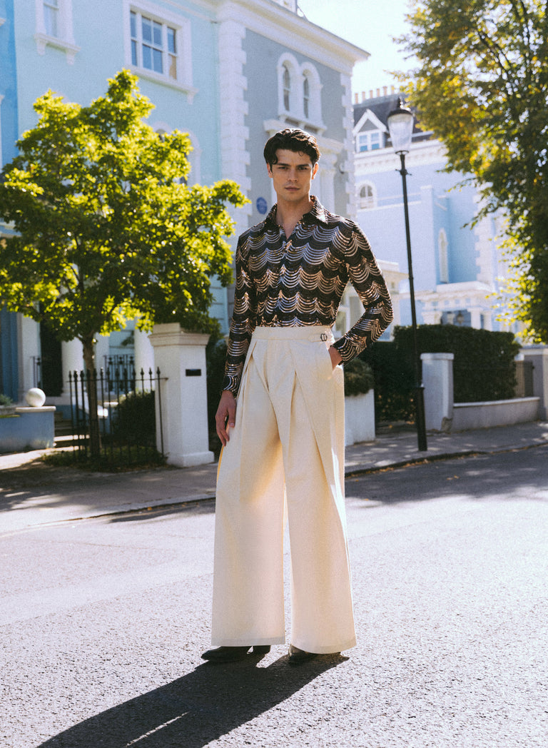 Ivory Wool Pleated High Waisted Buckle Trousers