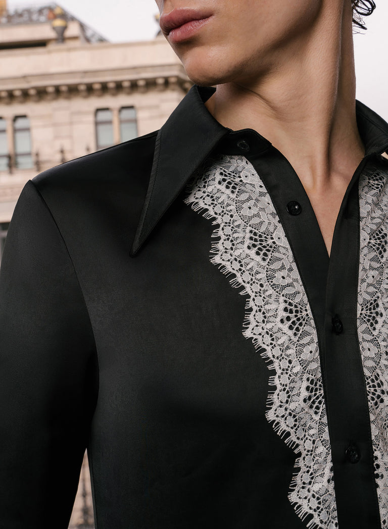 Black Satin White Lace Lapel Shirt