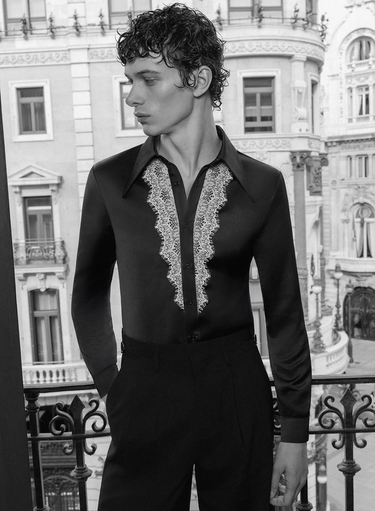 Black Satin White Lace Lapel Shirt