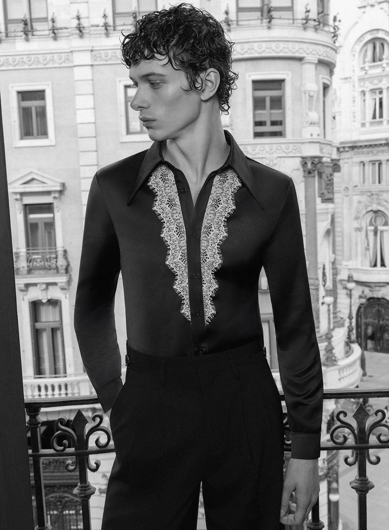 Phix Men's Black Satin White Lace Lapel Shirt In Size X-Large - 70's Collar Phix Men's Black Satin White Lace Lapel Shirt In Size X-Large - 70's Collar