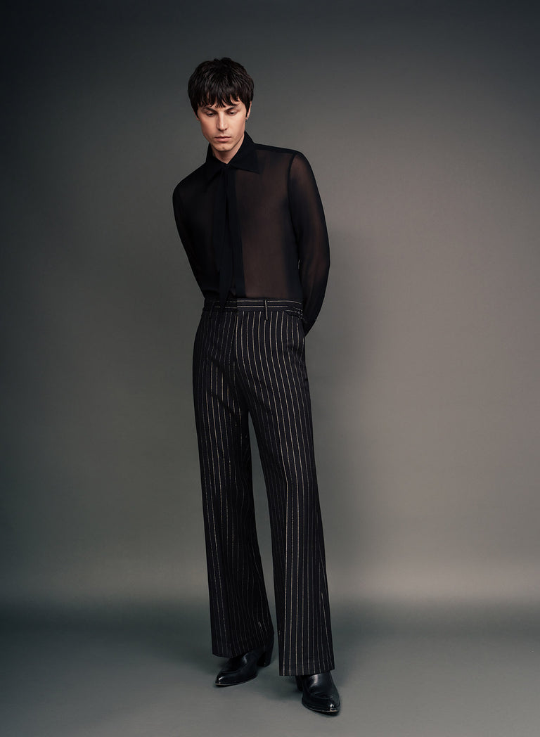 Black Silver Wool & Silk Pinstripe Buckle Flares