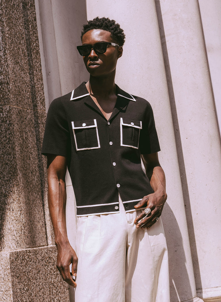 Black Knitted White Trim Cuban Cropped Polo