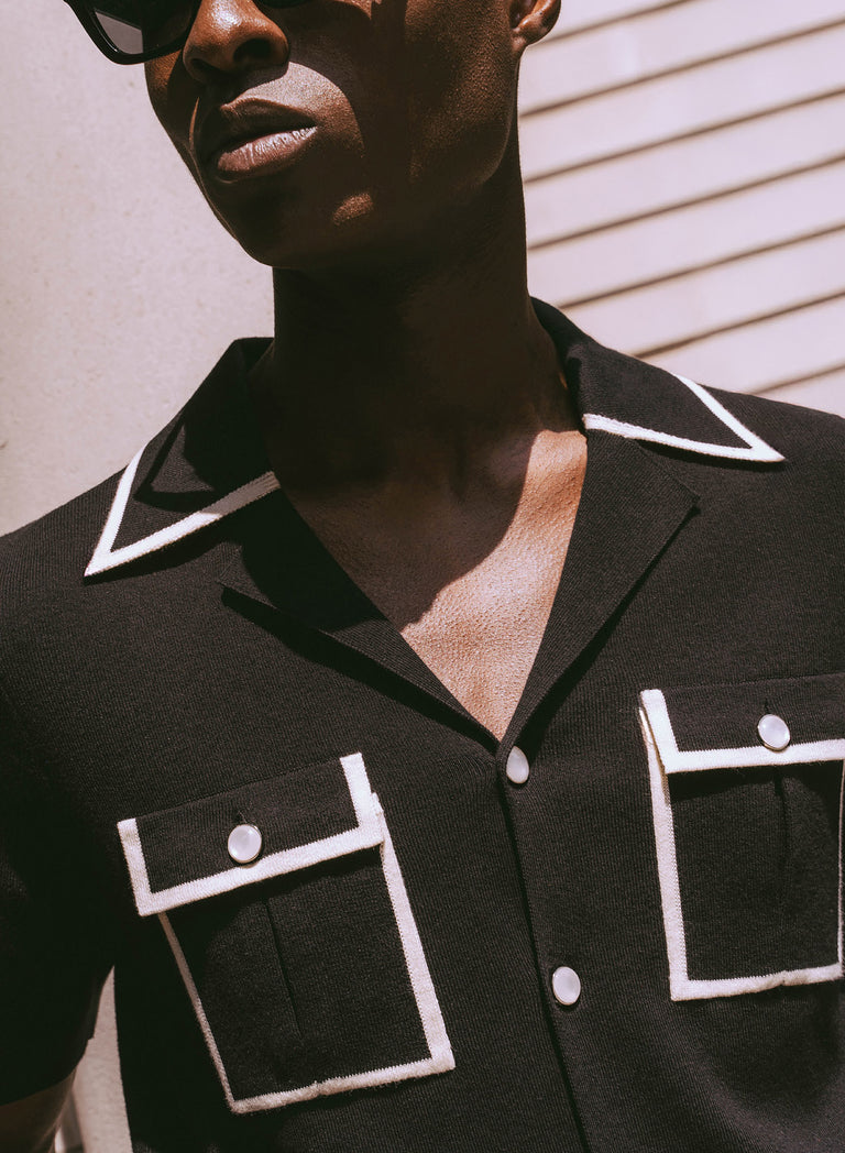 Black Knitted White Trim Cuban Cropped Polo