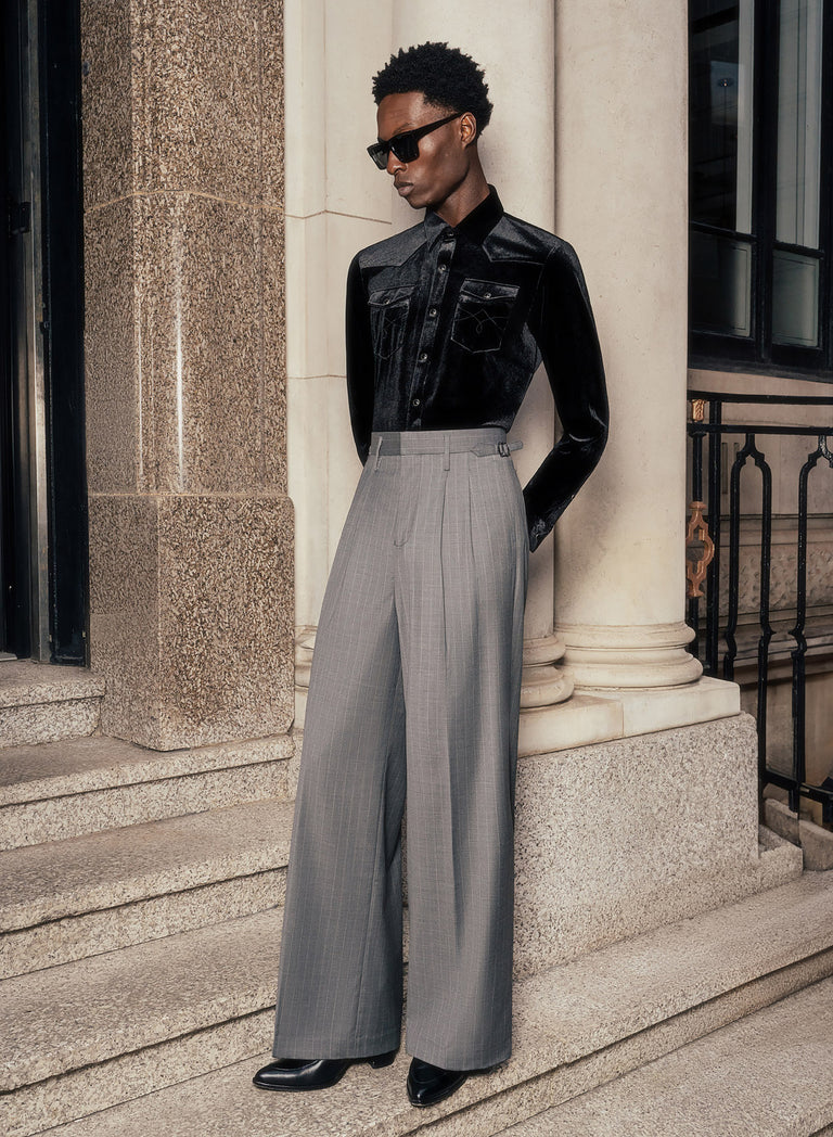 Grey Pin Stripe Side Buckle Wide Leg Flare Wool Trousers