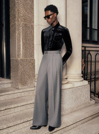 Grey Pin Stripe Side Buckle Wide Leg Flare Wool Trousers