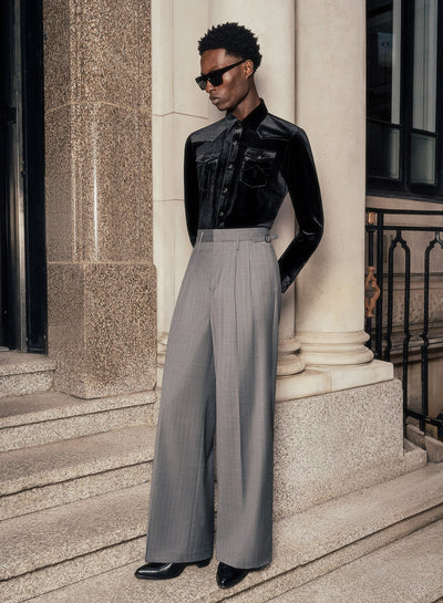 Grey Pin Stripe Side Buckle Wide Leg Flare Wool Trousers